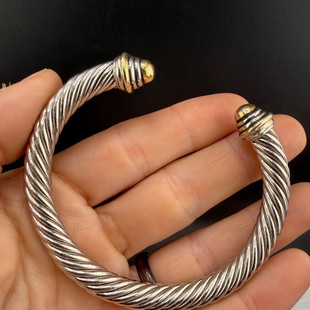 Estate Twisted Cable Cuff Bracelet Silver Tone Two Tone Textured 6.5in